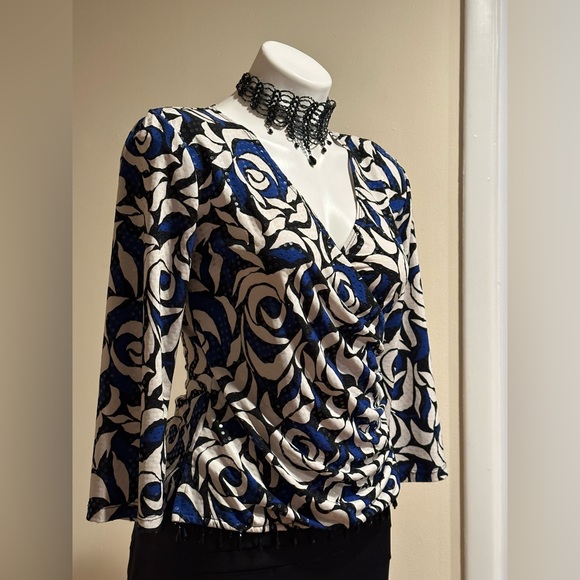 MSK Wrap Top Look Blue white black Floral Print. Black Beaded waist Fringe Sz S - Picture 2 of 13